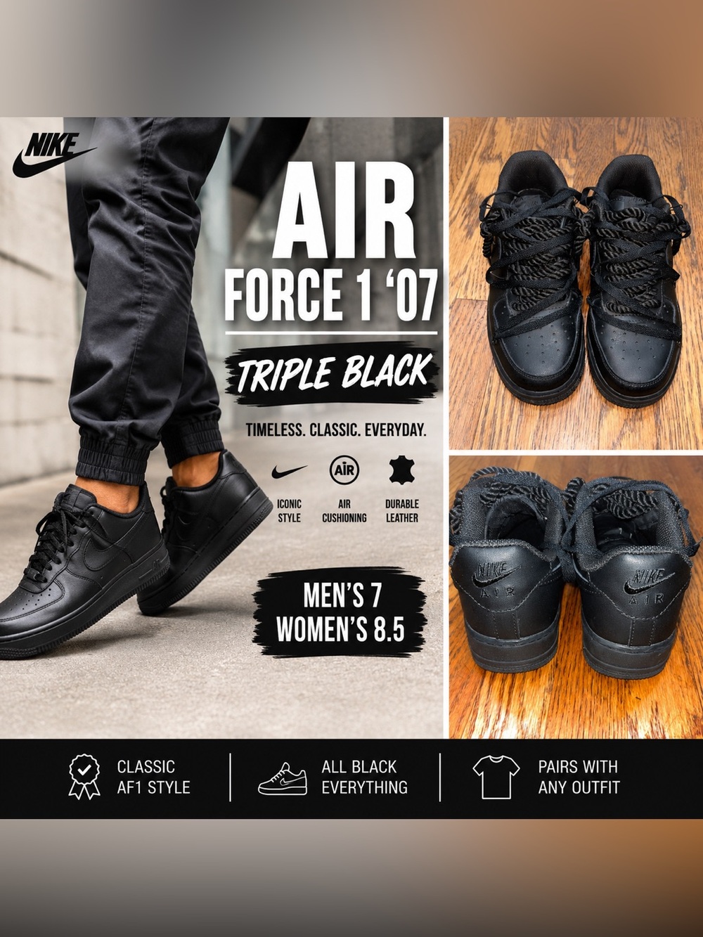 Nike Air Force 1 ‘07 Low Triple Black Sneakers | Men’s 7 / Women’s 8.5